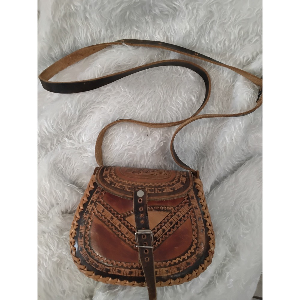 Vintage Hand Tooled Leather Crossbody Bag Mexico Boho Floral Saddle Purse Brown‎